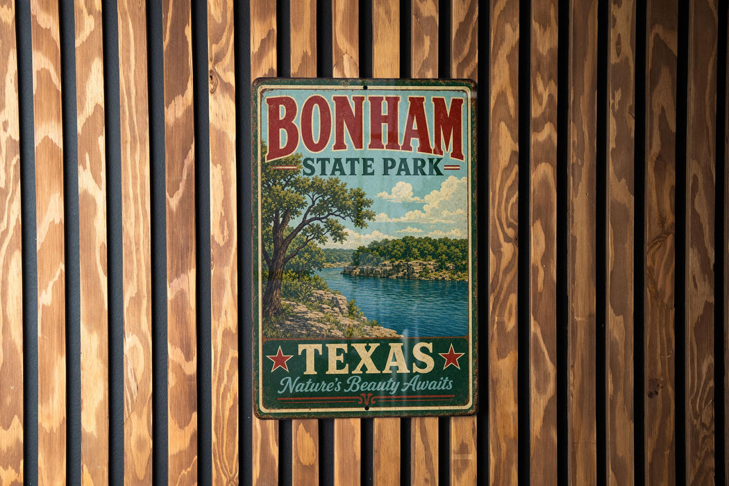 A vintage metal sign for Bonham State Park in Texas, featuring a scenic landscape with a river and trees.