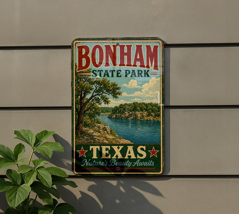 A vintage-style metal sign for Bonham State Park in Texas, featuring a scenic landscape with a river and trees.