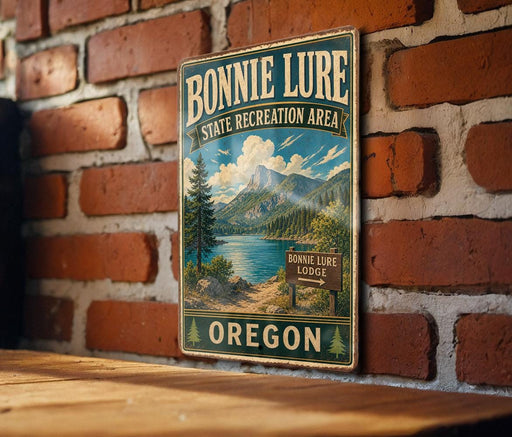 A vintage-style metal sign for Bonnie Lure State Recreation Area in Oregon, featuring a scenic mountain landscape and a sign for the Bonnie Lure Lodge.