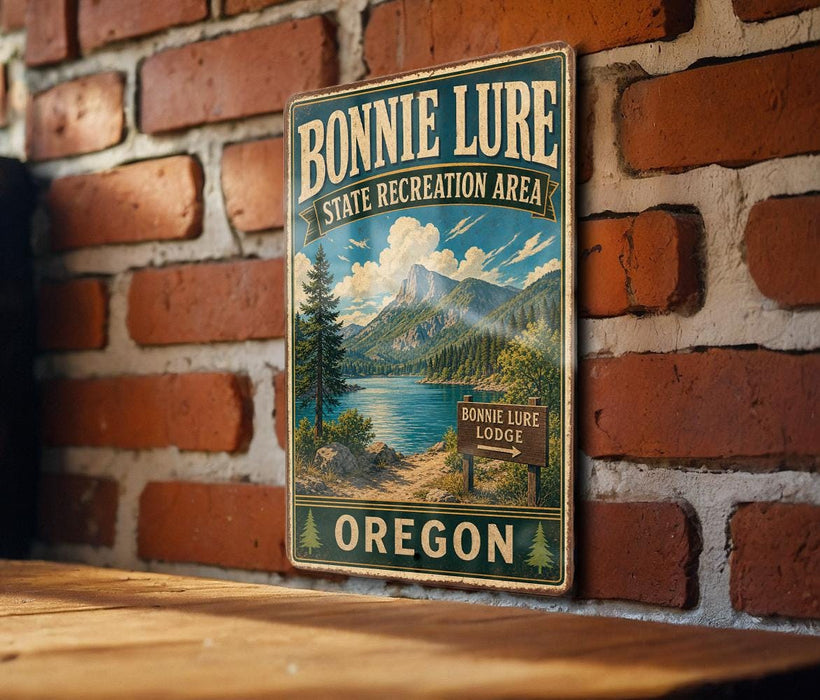 A vintage-style metal sign for Bonnie Lure State Recreation Area in Oregon, featuring a scenic mountain landscape and a sign for the Bonnie Lure Lodge.