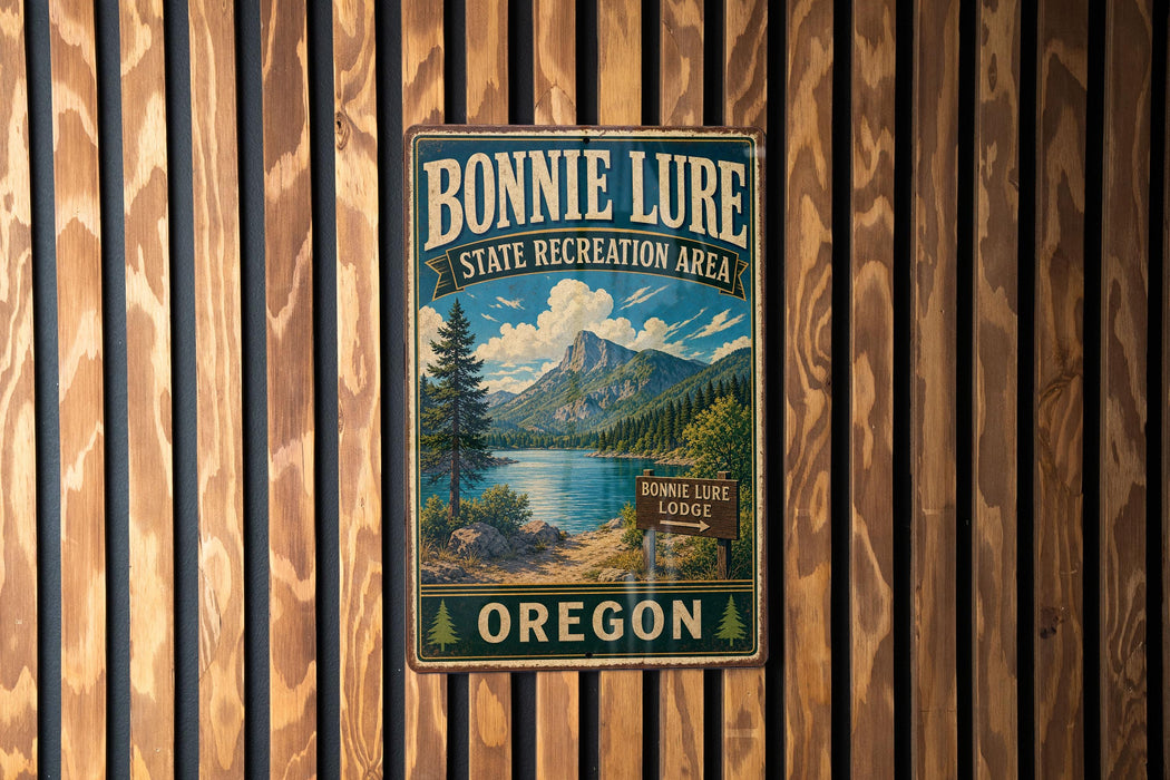 A vintage-style metal sign for Bonnie Lure State Recreation Area in Oregon, featuring a scenic mountain landscape and a sign indicating the location.