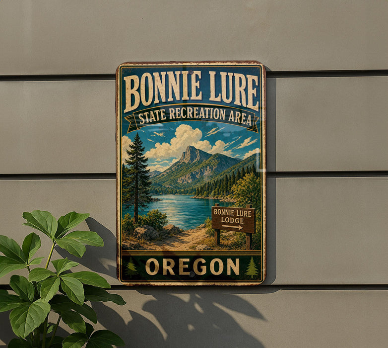 A vintage-style metal sign for Bonnie Lure State Recreation Area in Oregon, featuring a scenic mountain landscape with a lake and pine trees.