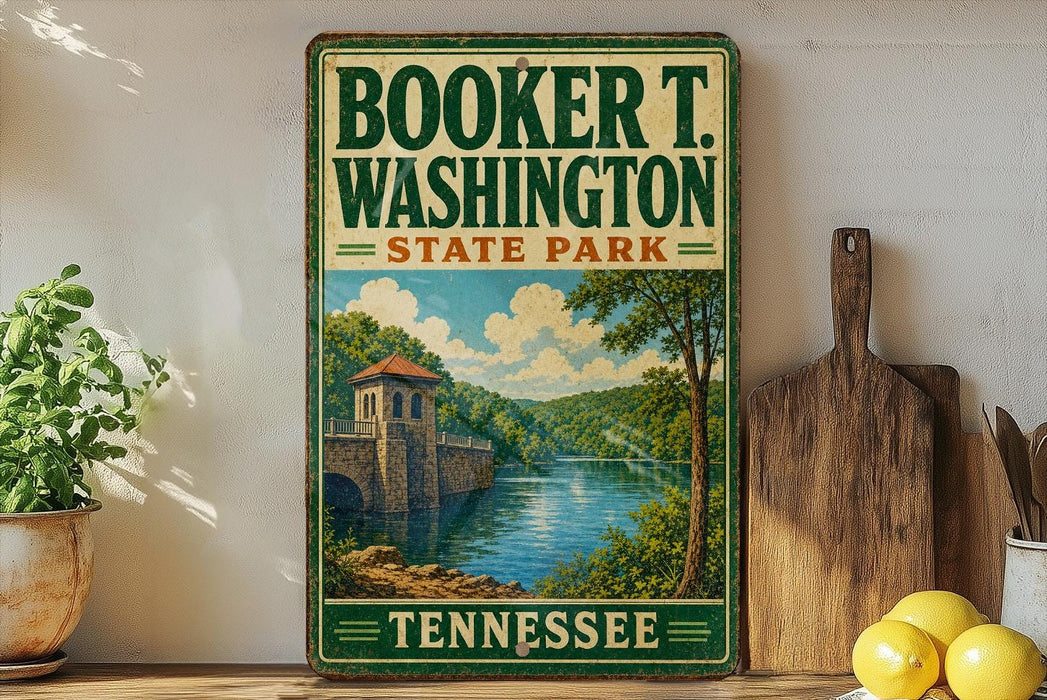 A vintage-style sign for Booker T. Washington State Park in Tennessee, featuring a scenic landscape with a river and a castle-like structure.