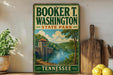 A vintage-style sign for Booker T. Washington State Park in Tennessee, featuring a scenic landscape with a river and a castle-like structure.