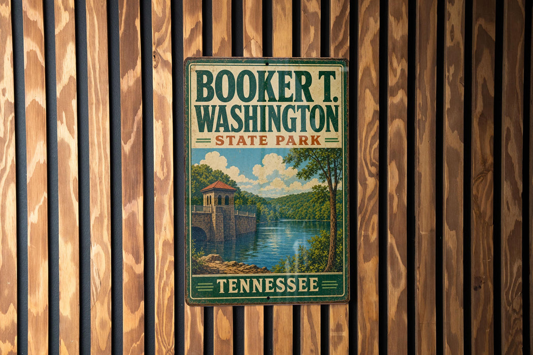 A vintage-style metal sign for Booker T. Washington State Park in Tennessee, featuring a scenic landscape with a river and bridge.