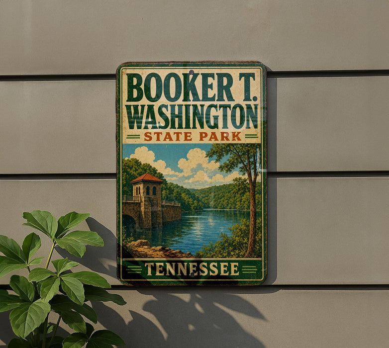 A vintage-style sign for Booker T. Washington State Park in Tennessee, featuring a scenic landscape with a river and a bridge.