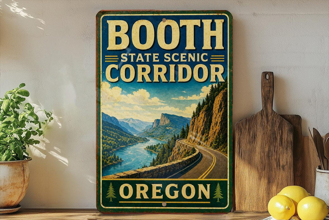 A vintage-style sign for the Booth State Scenic Corridor in Oregon, featuring a scenic mountain landscape with a winding road.
