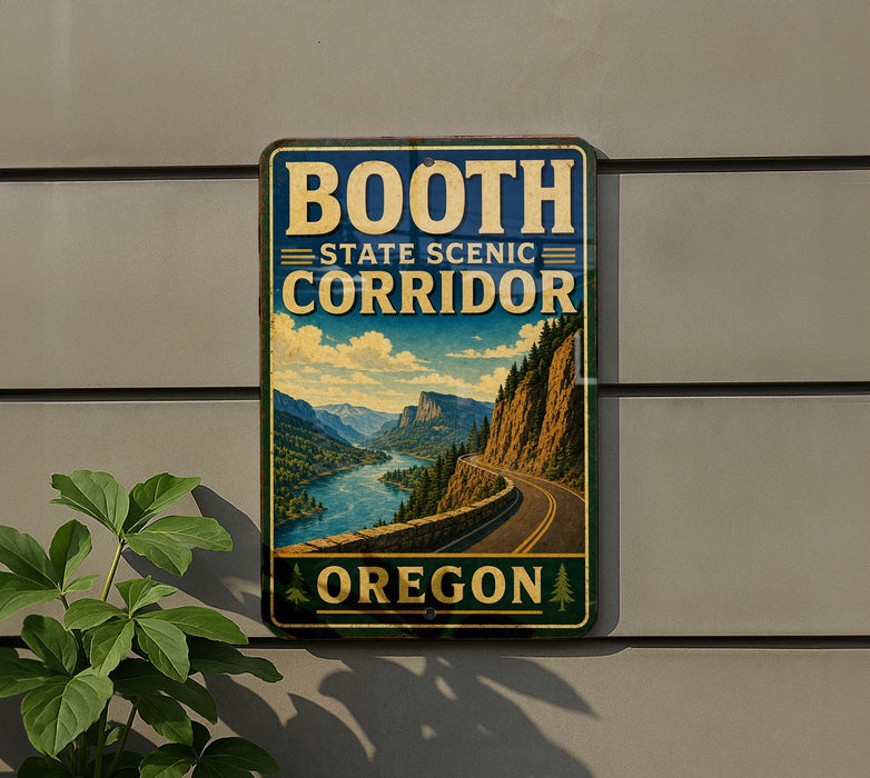 A vintage-style sign for the Booth State Scenic Corridor in Oregon, featuring a scenic mountain landscape with a winding road.
