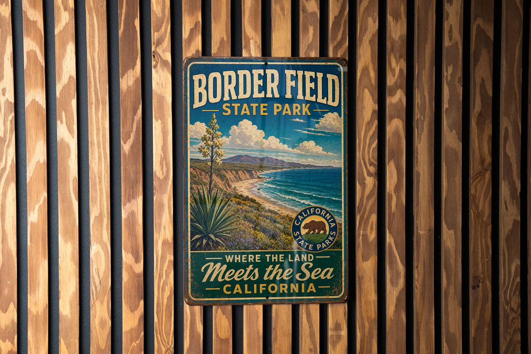 A vintage metal sign for Border Field State Park, featuring a scenic landscape with mountains, a beach, and a palm tree.