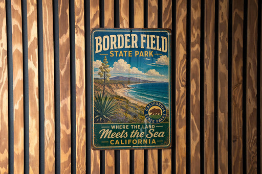 A vintage metal sign for Border Field State Park, featuring a scenic landscape with mountains, a beach, and a palm tree.
