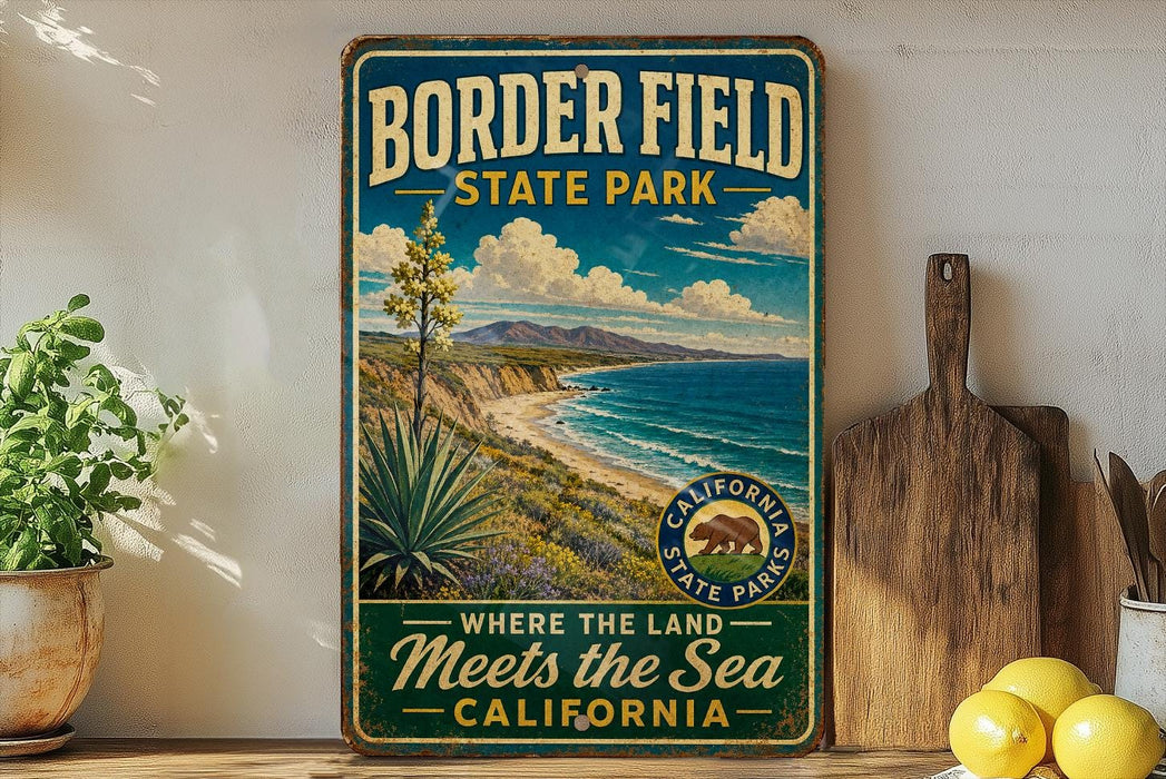 A vintage-style metal sign for Border Field State Park, featuring a scenic landscape with mountains, a desert, and a coastline.
