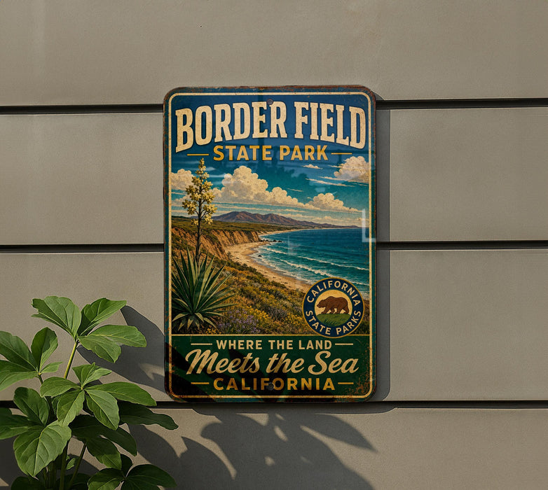 A vintage-style metal sign for Border Field State Park, featuring a scenic landscape with mountains, a beach, and a desert.