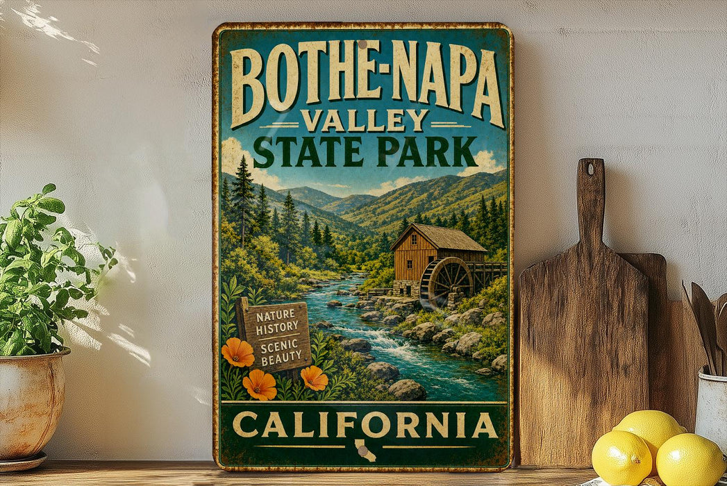 A vintage-style sign for Bothe-Napa Valley State Park in California, featuring a scenic image of a river and a wooden mill.