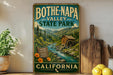 A vintage-style sign for Bothe-Napa Valley State Park in California, featuring a scenic image of a river and a wooden mill.