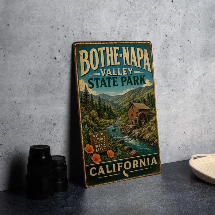 A vintage-style metal sign for Bothe-Napa Valley State Park in California, featuring a scenic image of a river, mountains, and a wooden cabin.