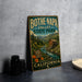 A vintage-style metal sign for Bothe-Napa Valley State Park in California, featuring a scenic image of a river, mountains, and a wooden cabin.