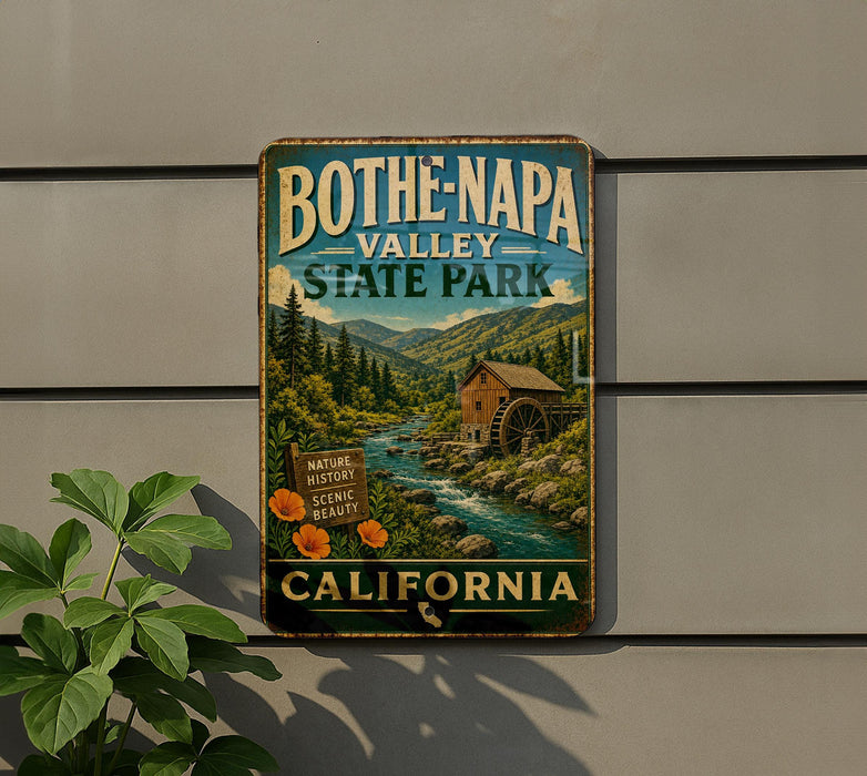 A vintage-style metal sign for Bothe Napa Valley State Park in California, featuring a scenic image of a river, mountains, and a wooden mill.