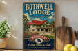 A vintage-style sign for the Bothwell Lodge, a historic lodge in Missouri, with a picture of the lodge and the text "A Step Back in Time" and "Established 1935".