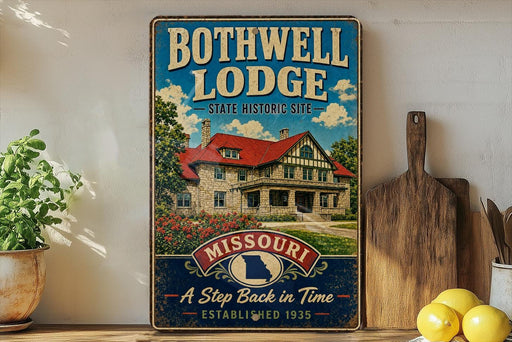 A vintage-style sign for the Bothwell Lodge, a historic lodge in Missouri, with a picture of the lodge and the text "A Step Back in Time" and "Established 1935".