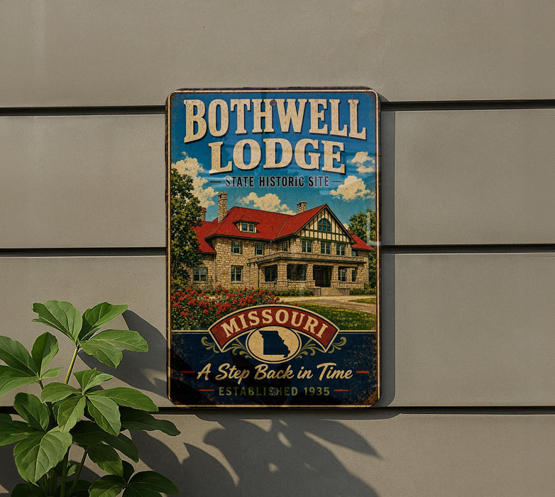 A vintage-style metal sign for the Bothwell Lodge, a historic lodge in Missouri, with a picture of the lodge and the text "A Step Back in Time" and "Established 1935".