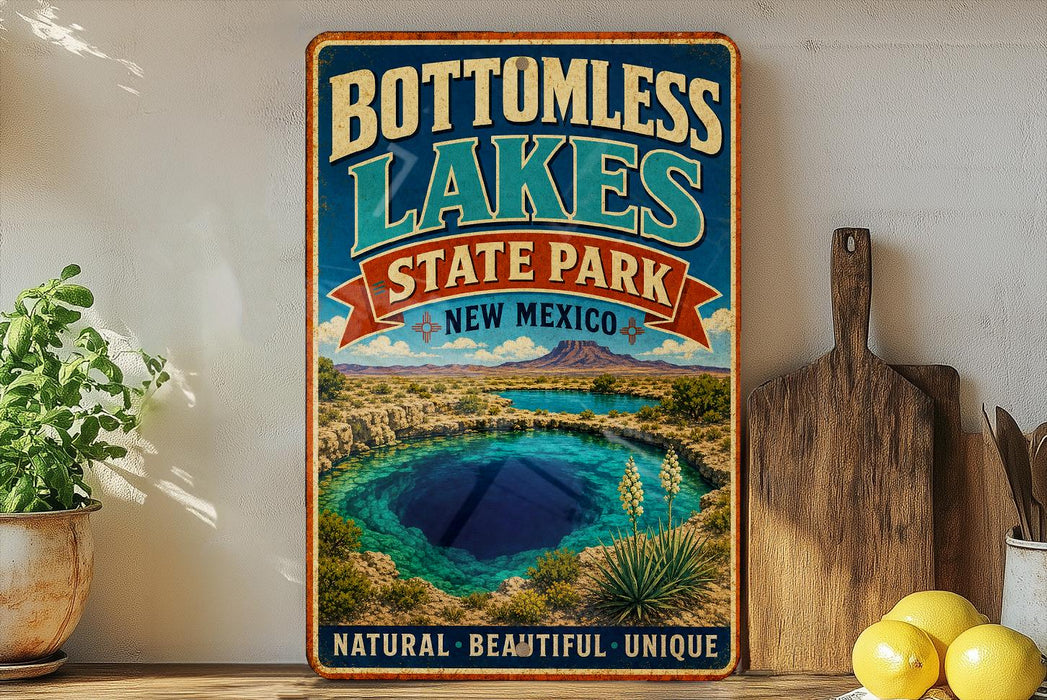 A vintage-style sign for "BOTTOMLESS LAKES STATE PARK NEW MEXICO" featuring a scenic image of a natural lake surrounded by mountains and desert landscapes.