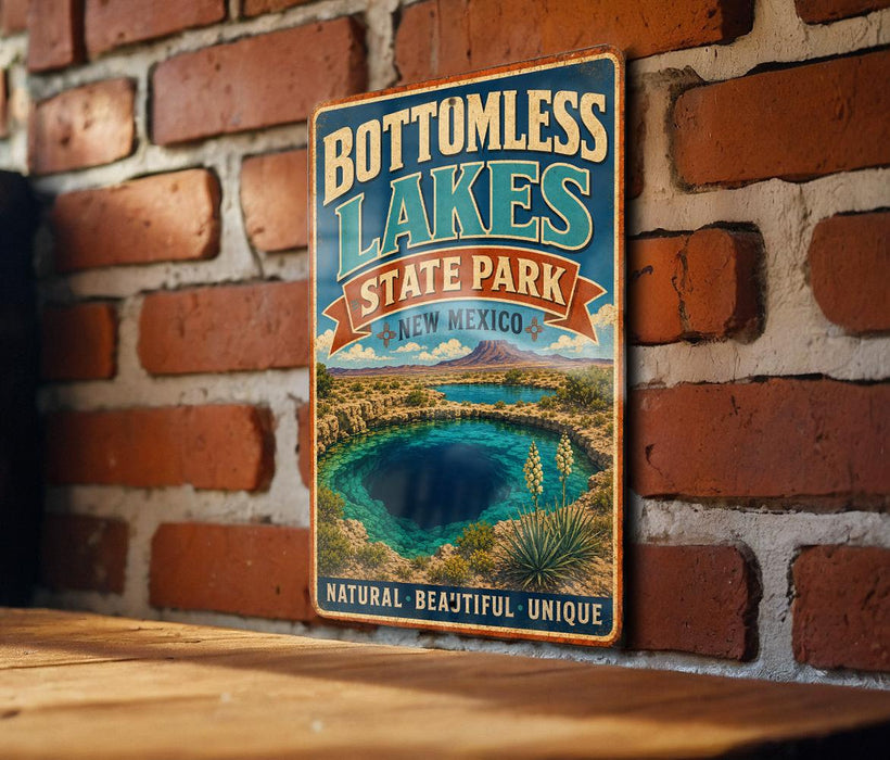 A vintage-style sign for "BOTTOMLESS LAKES STATE PARK" in New Mexico, featuring a scenic image of a lake surrounded by mountains and desert landscapes.