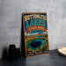 A vintage-style sign for "BOTTOMLESS LAKES STATE PARK" in New Mexico, featuring a scenic image of a lake surrounded by mountains and desert landscape.