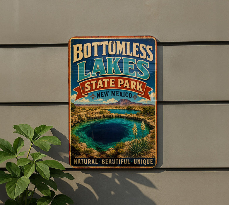 A vintage-style sign for Bottomless Lakes State Park in New Mexico, featuring a scenic image of the lake surrounded by mountains and desert landscapes.