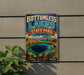 A vintage-style sign for Bottomless Lakes State Park in New Mexico, featuring a scenic image of the lake surrounded by mountains and desert landscapes.