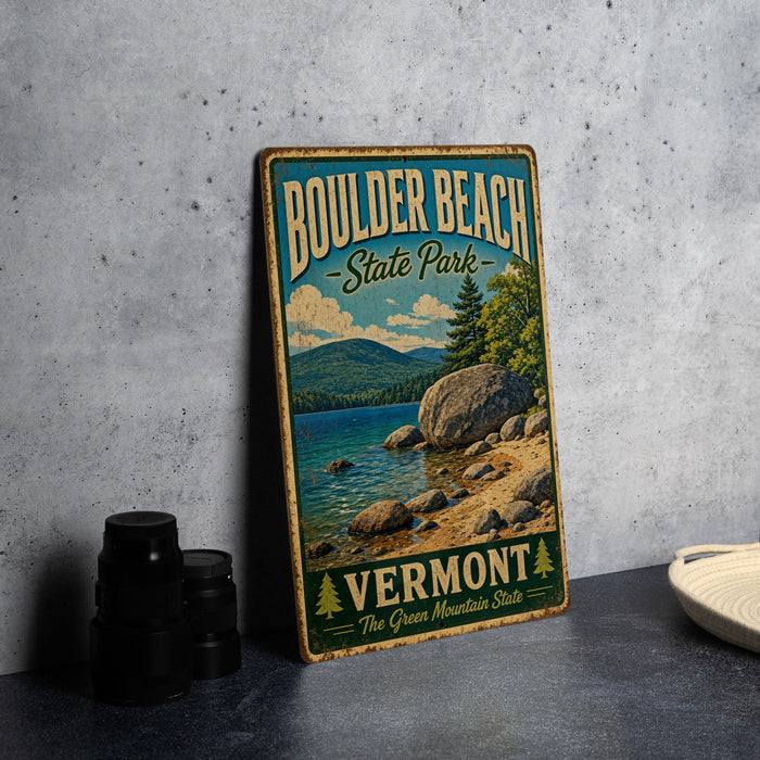 A vintage-style metal sign for Boulder Beach State Park in Vermont, featuring a scenic landscape with mountains, trees, and a lake.