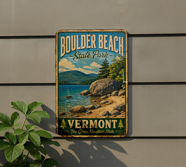 A vintage-style metal sign for Boulder Beach State Park in Vermont, featuring a scenic landscape with mountains, trees, and a lake.