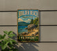 A vintage-style metal sign for Boulder Beach State Park in Vermont, featuring a scenic landscape with mountains, trees, and a lake.