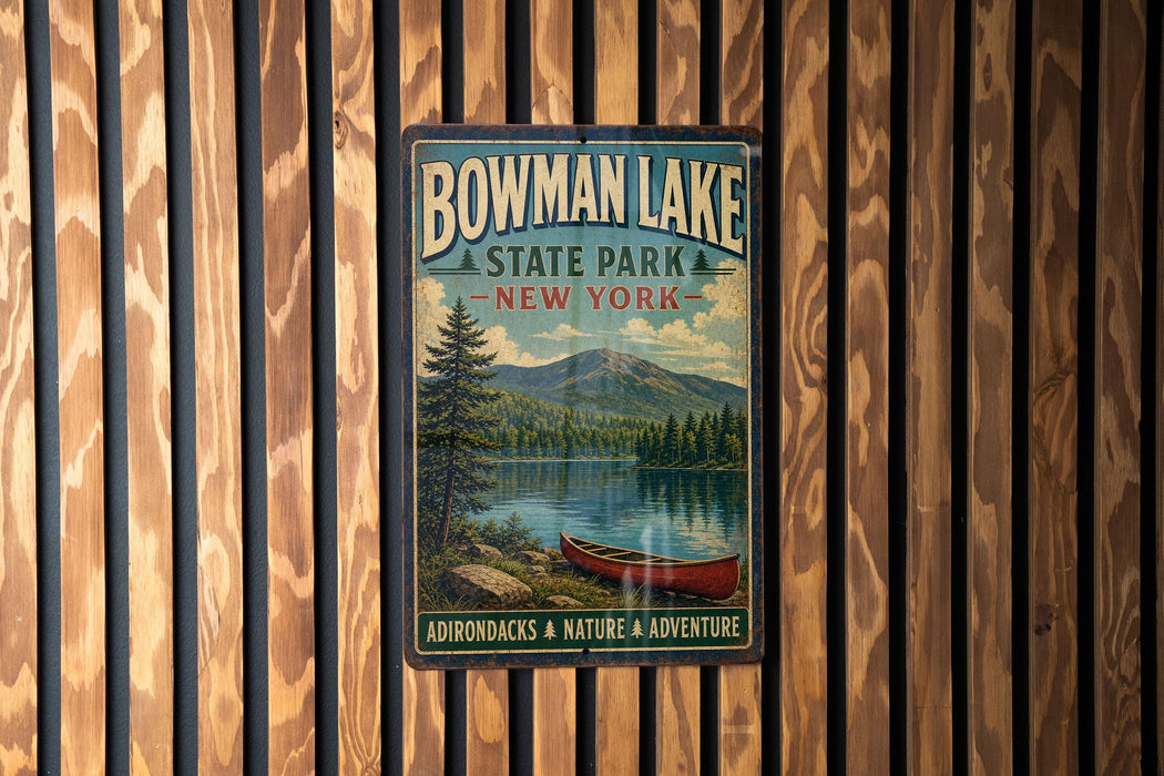 A vintage-style metal sign for Bowman Lake State Park in New York, featuring a scenic image of a lake with a canoe and mountains in the background.