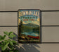 A vintage-style metal sign for Bowman Lake State Park in New York, featuring a scenic image of a lake, mountains, and a canoe.