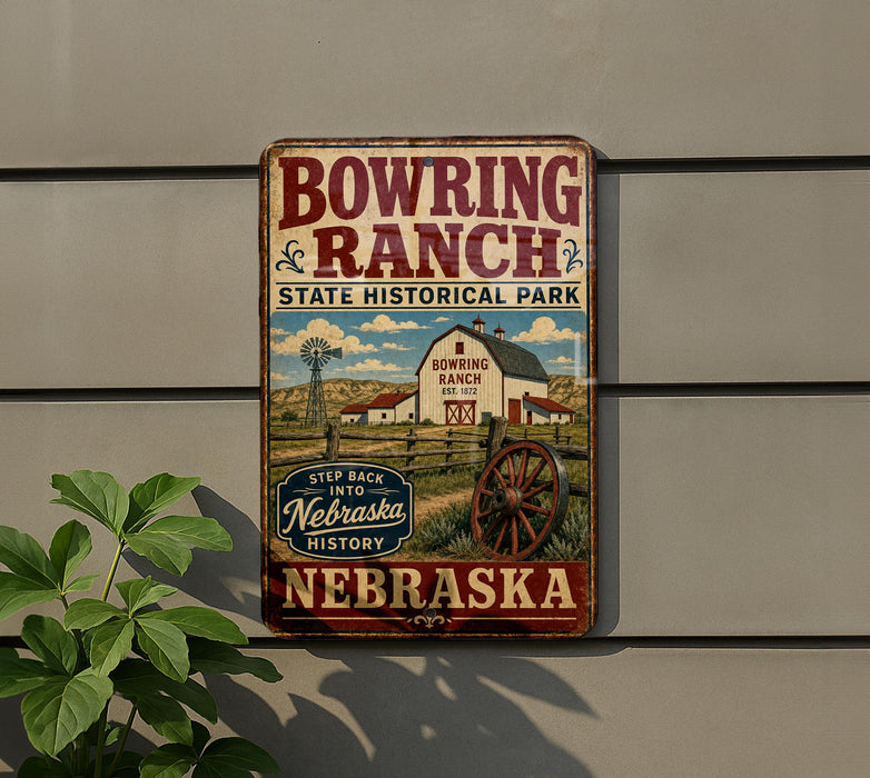 A vintage-style metal sign for Bowling Ranch State Historical Park in Nebraska, featuring a barn, windmill, and a road leading to the ranch.
