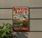 A vintage-style metal sign for Bowling Ranch State Historical Park in Nebraska, featuring a barn, windmill, and a road leading to the ranch.