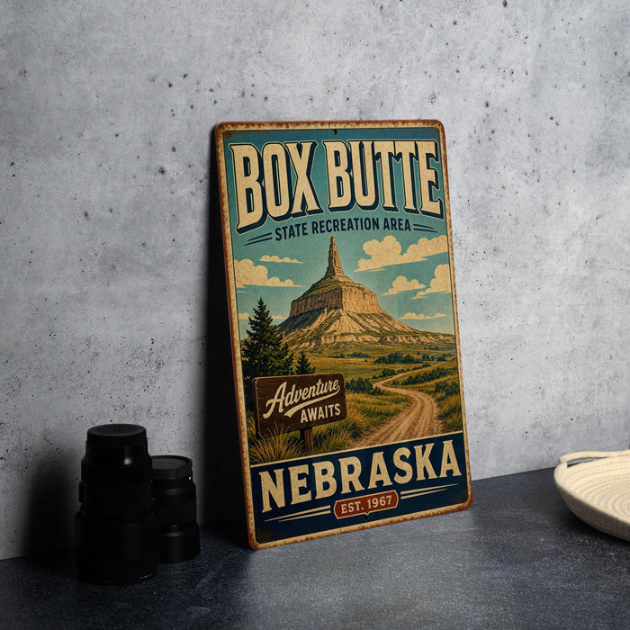 A vintage-style metal sign for the Box Butte State Recreation Area in Nebraska, featuring a mountain landscape and a sign that says "Adventures Await".
