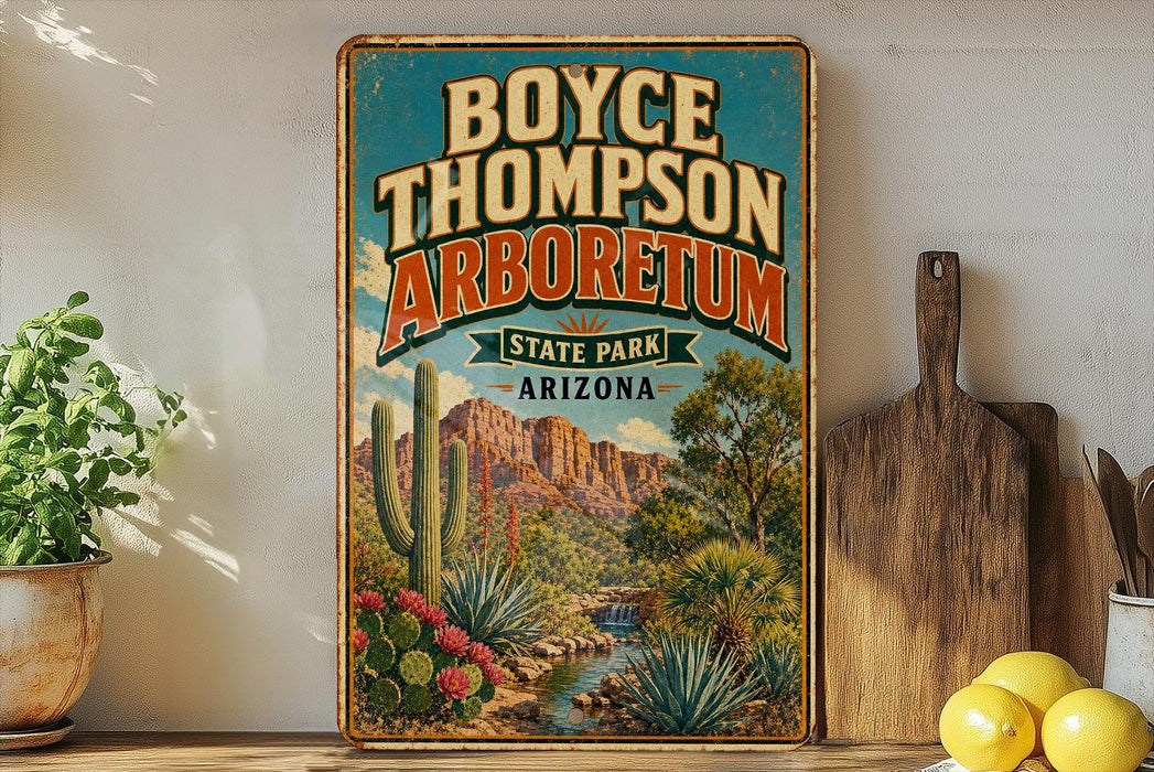 A vintage-style poster of Boyce Thompson Arboretum, a desert park in Arizona, is displayed on a wall next to a wooden cutting board and some potted plants.