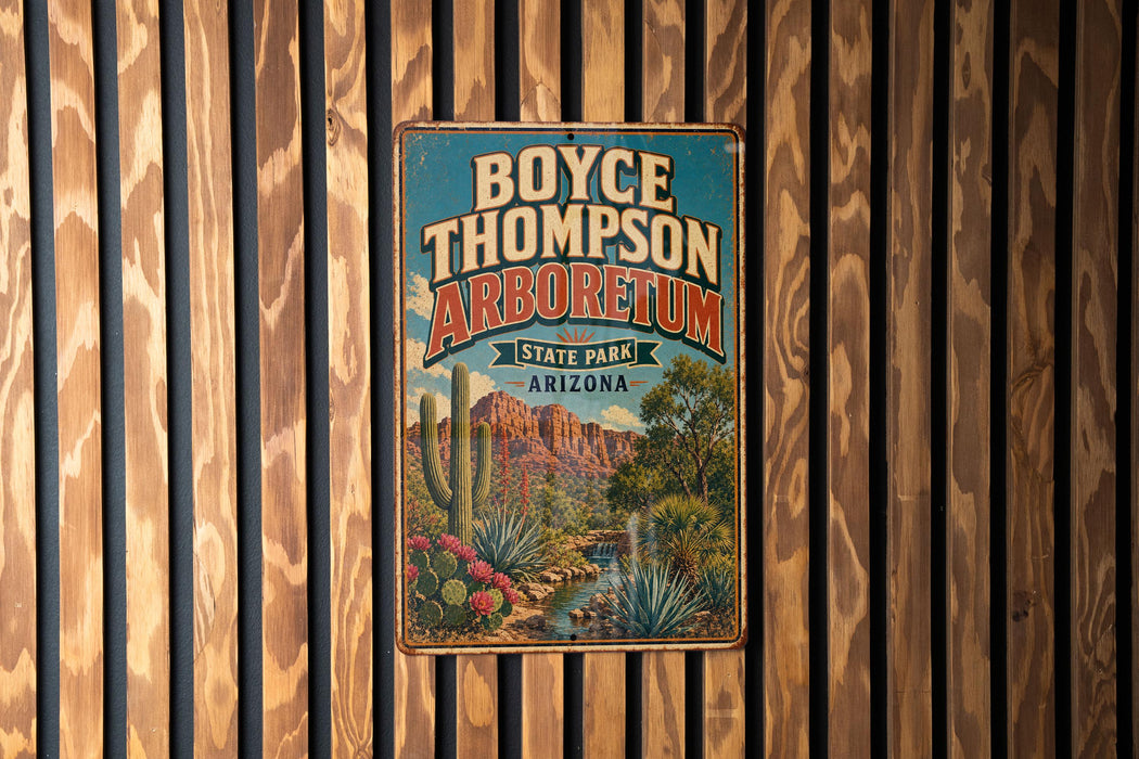 A vintage-style metal sign for Boyce Thompson Arboretum in Arizona, featuring a desert landscape with cacti and a mountain backdrop.
