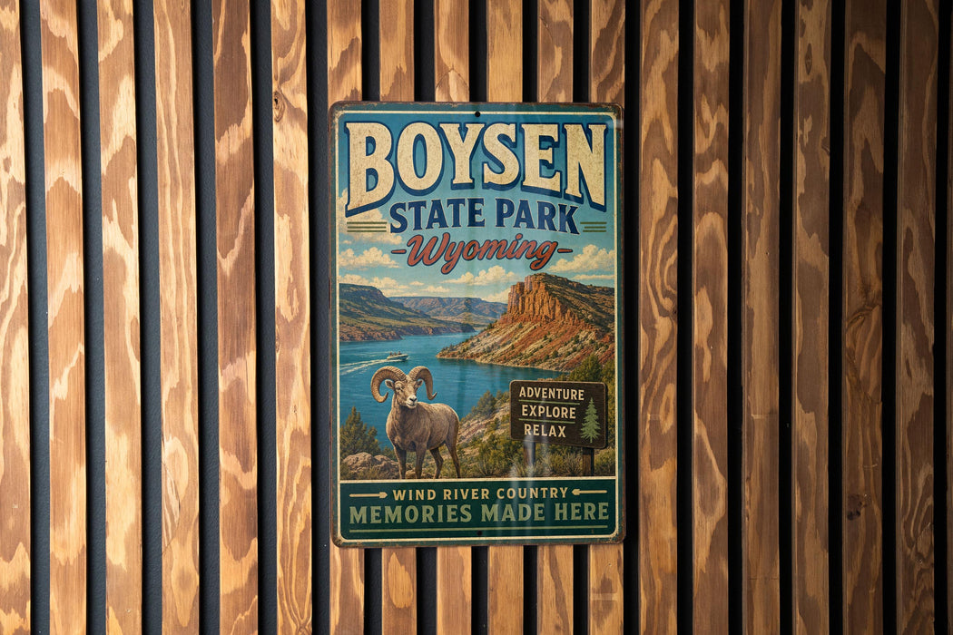 A vintage metal sign for Boysen State Park in Wyoming, featuring a scenic mountain landscape with a wind diver country backdrop.