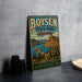 A vintage-style metal sign for Boysen State Park in Wyoming, featuring a scenic landscape with a ram and a lake.