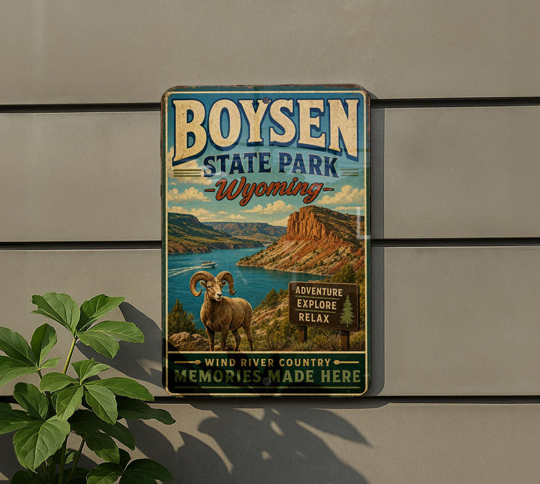 A vintage-style metal sign for Boysen State Park in Wyoming, featuring a scenic landscape with a ram, a lake, and mountains.