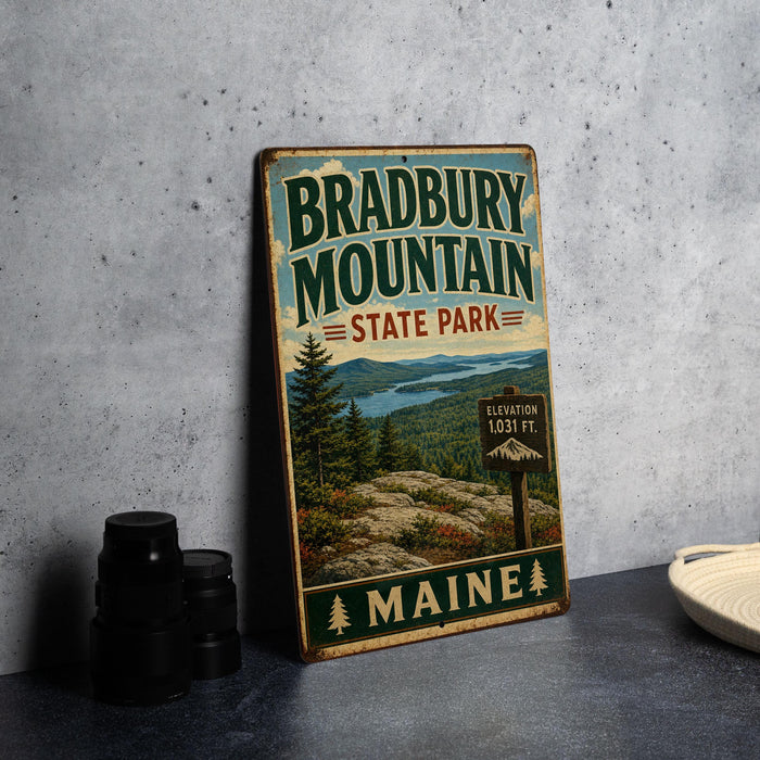 A vintage metal sign for Braddbury Mountain State Park in Maine, featuring a scenic landscape with pine trees and a lake.