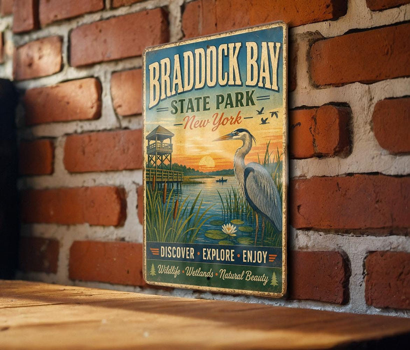 A vintage-style metal sign for Braddock Bay State Park in New York, featuring an illustration of a crane and a lake at sunset.