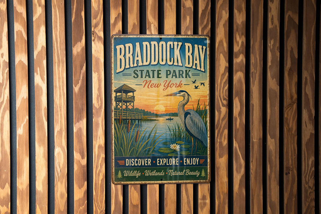 A vintage metal sign for Braddock Bay State Park in New York, featuring a scenic illustration of a bird and a wooden structure.