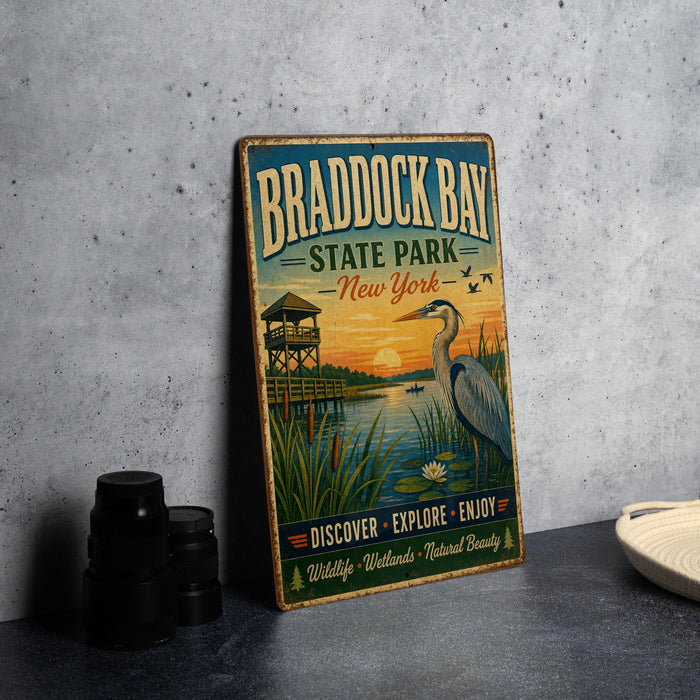 A vintage-style metal sign for "Bradlock Bay State Park New York" is displayed on a gray countertop, featuring an illustration of a bird and a wooden structure.