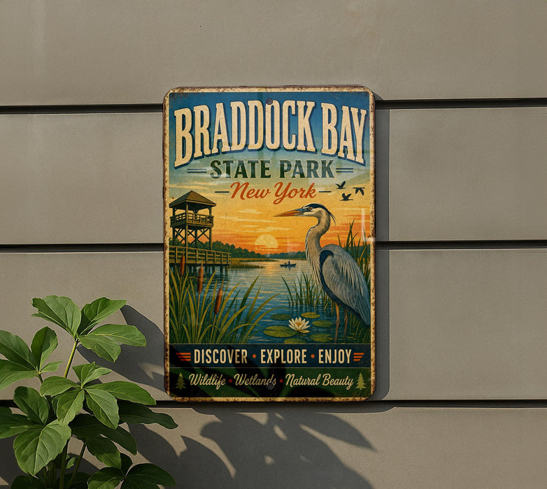 A vintage-style metal sign for Braddock Bay State Park in New York, featuring a bird and a sunset landscape.
