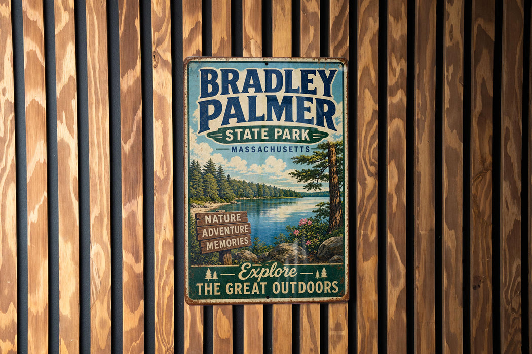 A vintage metal sign for Bradley Palmer State Park in Massachusetts, featuring a scenic landscape with a lake and pine trees.