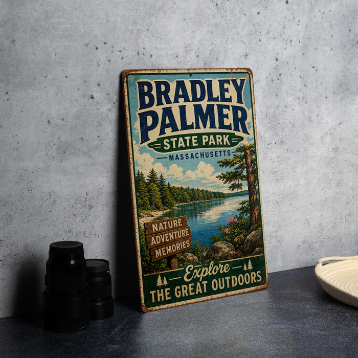 A vintage metal sign for Bradley Palmer State Park in Massachusetts, featuring a scenic landscape with a lake and pine trees.