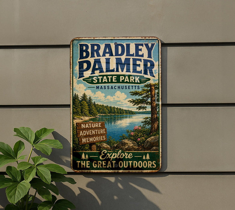 A vintage metal sign for Bradley Palmer State Park in Massachusetts, featuring a scenic landscape with a lake and pine trees.